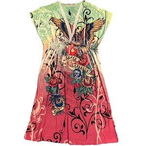 Color In Motion Peace Freedom Love Tattoo Print Y2K Mini Dress Sz M Made in USA